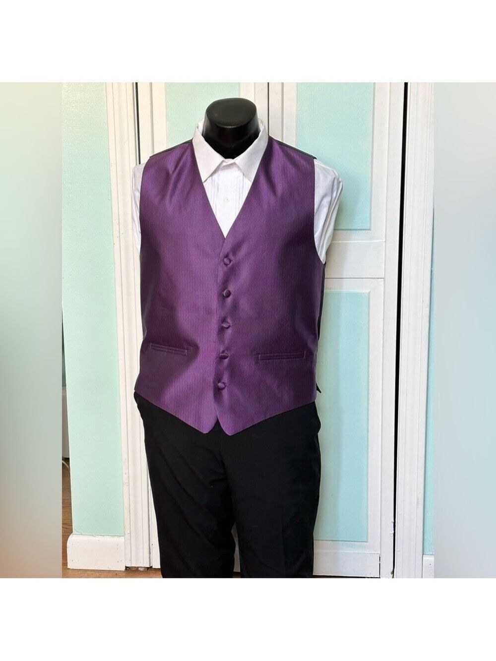 Plum Purple Herringbone Closed Back Vest Wedding Prom Men’s L Large